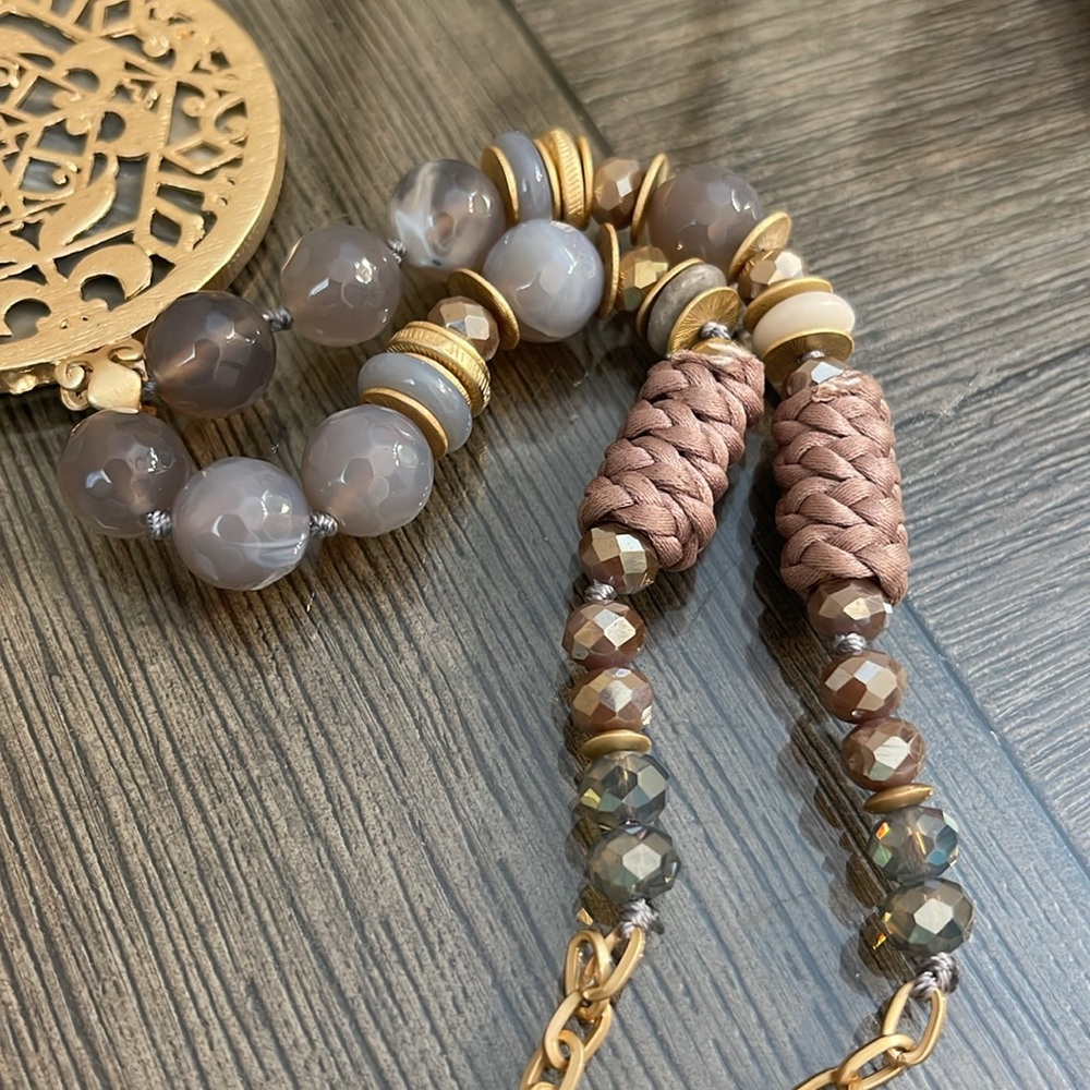 Matte Gold-tone Chain Grey Beads and Large Medallion - Picture 16 of 16